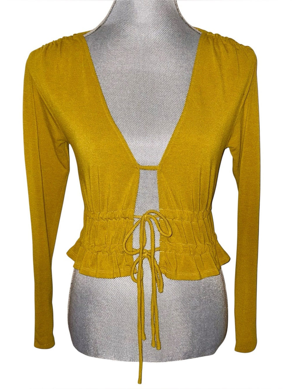 Fashion Nova Chartreuse Green Ruched Tie Front Long Sleeve Crop Top